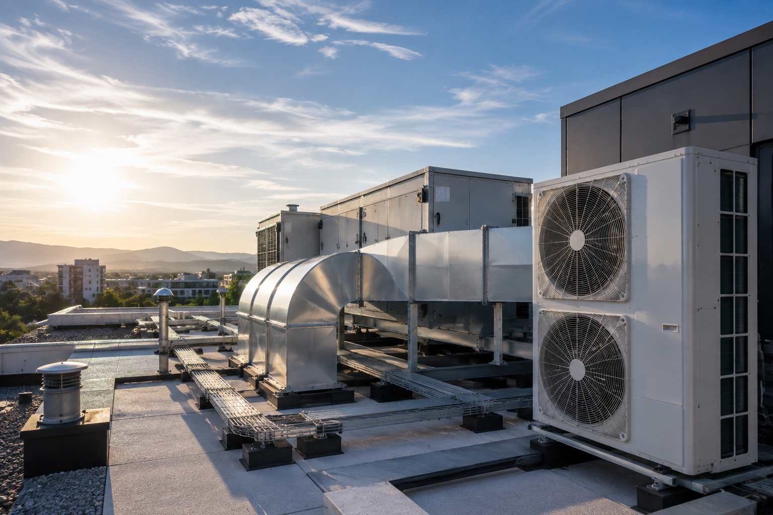 Lüftungs- und Klimaanlage auf einem Flachdach im Abendlicht