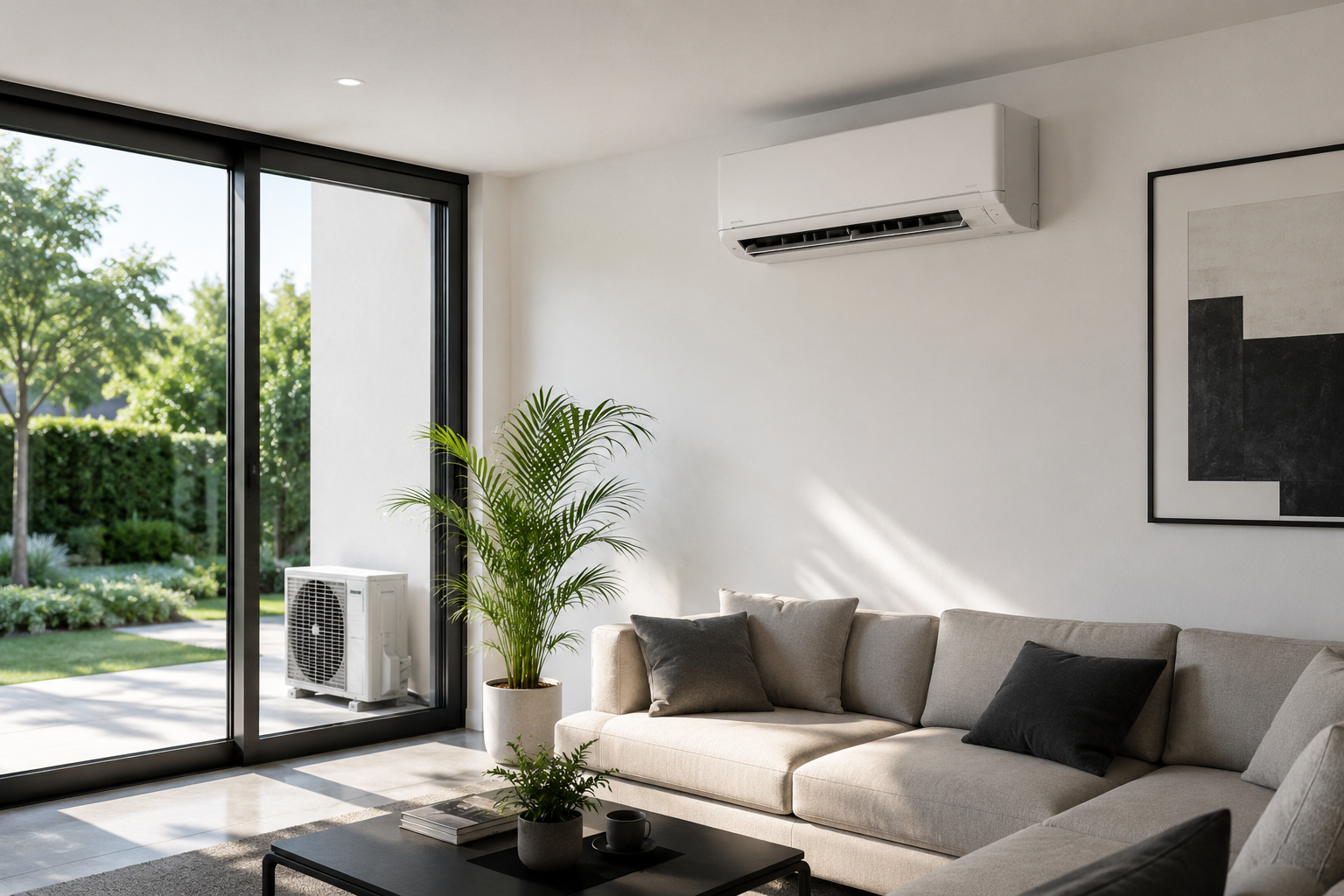 Wandmontiertes Klimagerät in einem hellen Wohnraum